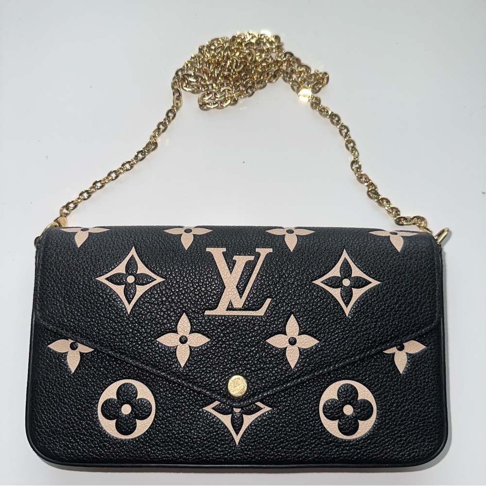 LOUIS VUITTON Felicie Pochette Empriente Monogram Black Beige EUC